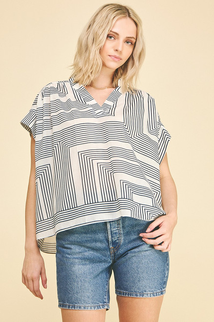 White/Navy Geometric V-Neck Top