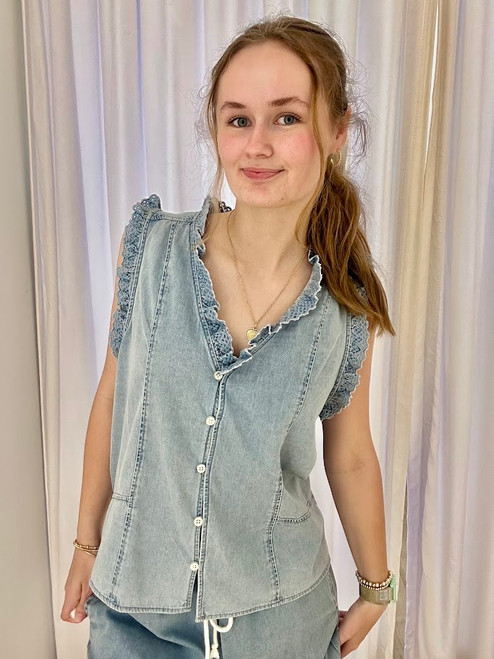 Boden Light Denim Lace Trim Top