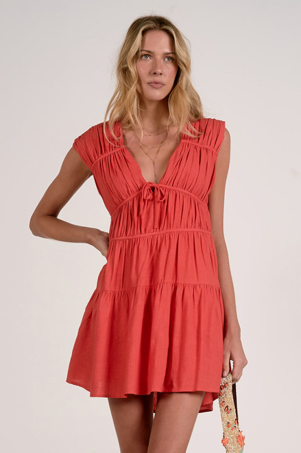 Red Cap Sleeve Ruched Tier Dress