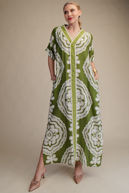 Olive V-Neck SS Maxi Print Dress