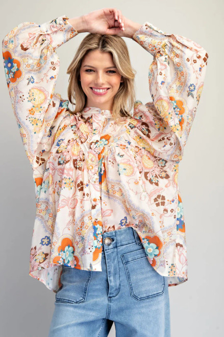 Apricot Paisley Printed Button Down Top