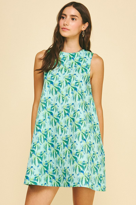 Blue Tropical Print A-line mini Dress