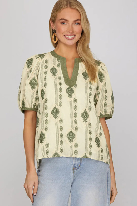 Sage Short Puff Sleeve Embroidered Top