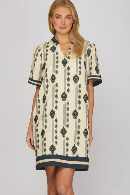 Navy S/S Embroidered Mini Dress