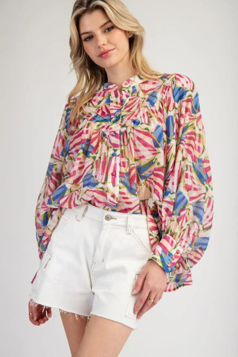 Royal Print Bubble Sleeve Blouse