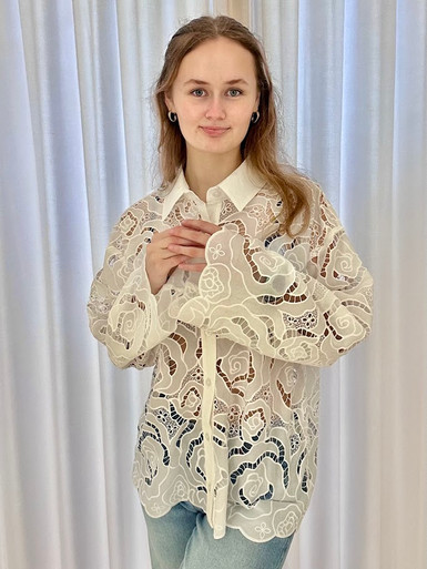 White Floral Crochet Button Down Shirt