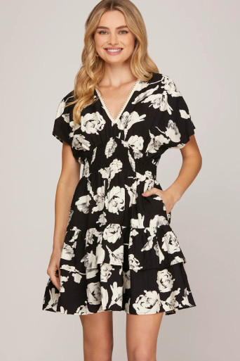 Black Drop Shoulder Smocked Tiered Dress