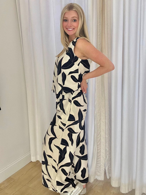 Navy Blue/Gold Leaf Print Wide Leg Pants