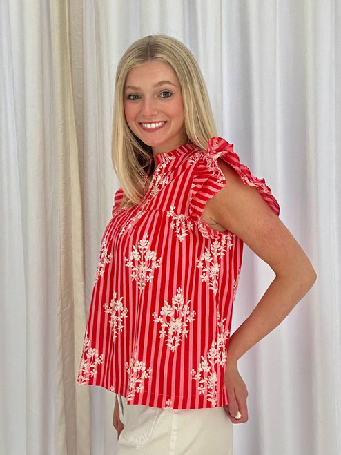Pink/Red Striped with White Floral Ruffle Sleeve Blouse