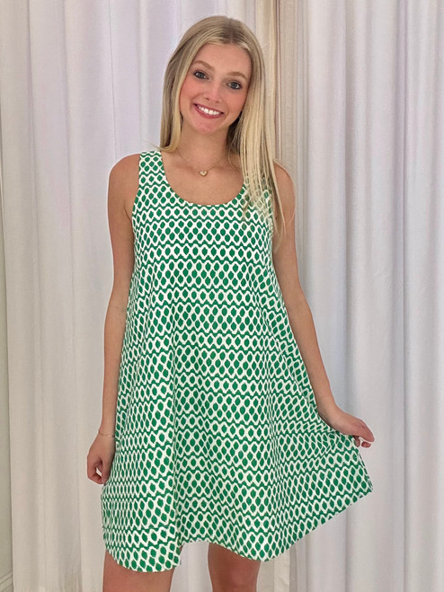 Green/White Sleeveless Tunic Dress with Pockets