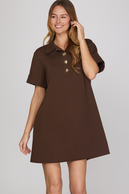 Gold Button Short Sleeve Shift Dress