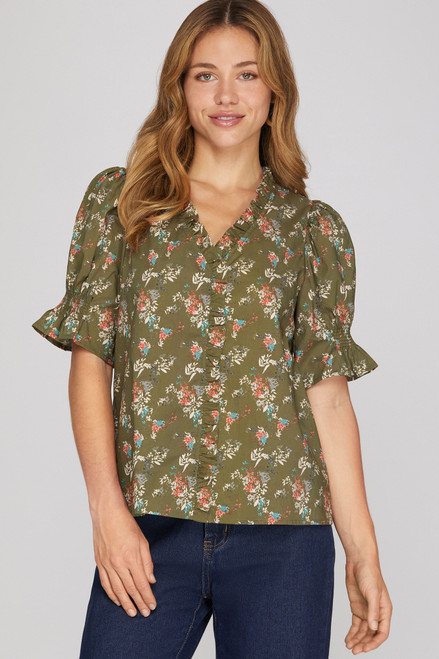 Olive Floral Ruffle Top