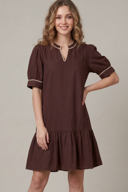 Puff Sleeve Wine Shift Dress w/embroidery Detail