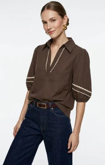 Contrast Trim Puff Sleeve Blouse - Milk Chocolate