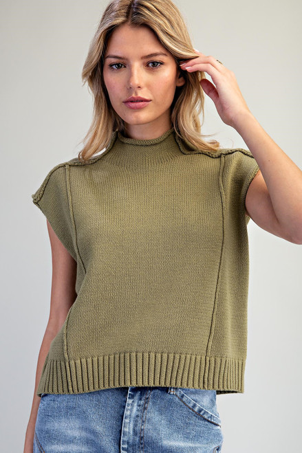 Green Mock Neck Exposed Seam Sweater