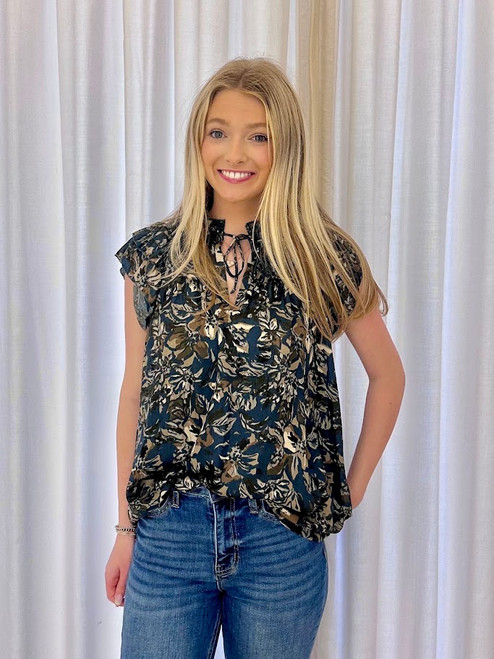 Teal Satin Printed Blouse with Ruffles