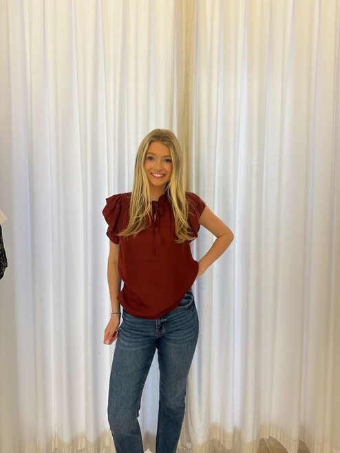 Wine Ruffled Satin V-Neck Blouse
