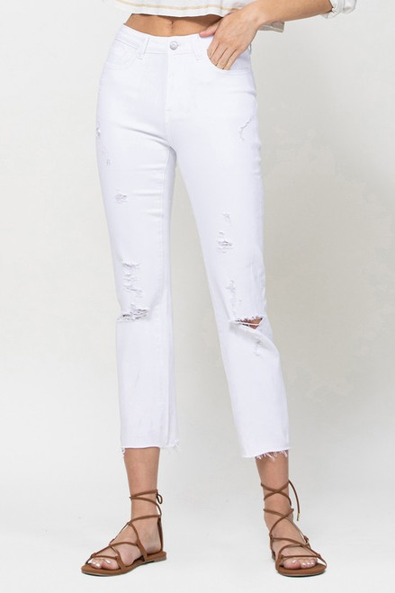 Optic White High Rise Fray Hem Crop Straight Leg Jeans
