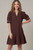 Puff Sleeve Wine Shift Dress w/embroidery Detail