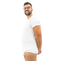 Bodysuit on male model, side-view.