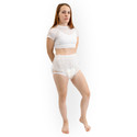 Plastic Pants on female model, front-view.