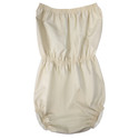 Rubber romper lying flat, with waist elastic.