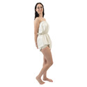 Rubber romper side-view on female model.