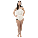 Front of the Latex incontinence romper on a female model.