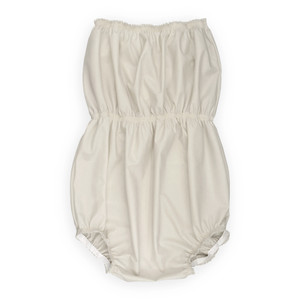 Rubber romper lying flat, with waist elastic.