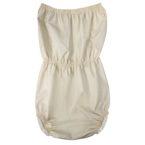 Rubber romper lying flat, with waist elastic.