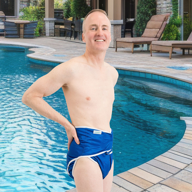 Adult Swim Diaper on male model, side-view.