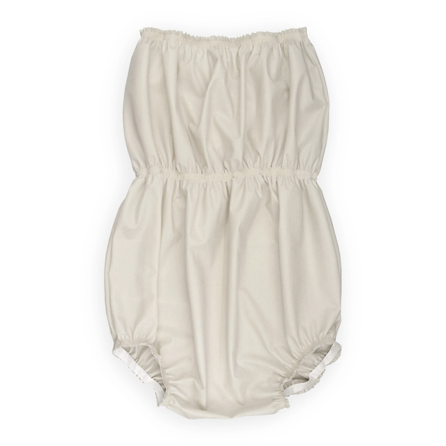 Rubber romper lying flat, with waist elastic.