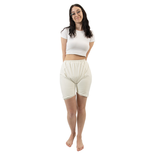 Rubber bloomers front-view on female model.