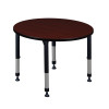 Round Classroom Tables, 36 W, 36 L, 23-34 H, Wood, Metal, Mahogany