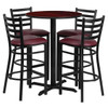 Round Mahgny Bar Table,X-Base w/Burg Seats,30", 30" L, 30" W, 42" H, Laminate Top, Wood Grain