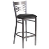 Clear Coated ''X'' Back Metal Restaurant Barstool,Black Vinyl Seat,PK2  2-XU-6F8B-CLR-BAR-BLKV-GG