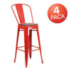 Red Metal Barstool with Back and Wood Seat,30" High,PK4