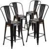 24"H Black-Gold Counter Height Stool w- Back, PK4  4-CH-31320-24GB-BQ-GG