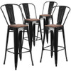 Black Metal Barstool with Back and Wood Seat,30" High,PK4  4-CH-31320-30GB-BK-WD-GG