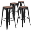 Backless Black Metal Barstool with Square Wood Seat,30" High,PK4  4-CH-31320-30-BK-WD-GG