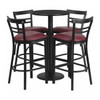 Round Blk Bar Table,X-Base,Burgundy Seats,24", Laminate Top, Wood Grain