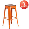 Backless Orange Metal Barstool with Square Wood Seat,30" High,PK4  4-CH-31320-30-OR-WD-GG