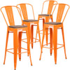 Orange Metal Barstool with Back and Wood Seat,30" High,PK4  4-CH-31320-30GB-OR-WD-GG