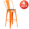 Orange Metal Barstool with Back and Wood Seat,30" High,PK4  4-CH-31320-30GB-OR-WD-GG