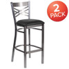 Clear Coated ''X'' Back Metal Restaurant Barstool,Black Vinyl Seat,PK2  2-XU-6F8B-CLR-BAR-BLKV-GG