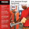 18" Aluminum Straight Pipe Wrench, Serrated, Tether Capable, 2-1-2" Jaw Capacity  31100