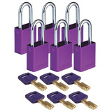 Brady Lockout Padlock,Al,Purple,Key Alike,PK6 ALU-PRP-38ST-KA6PK
