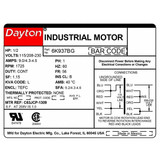 Dayton GP Motor,1/2 HP,1,725 RPM,115/208-230V 6K937