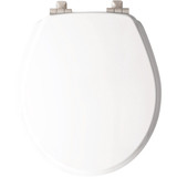 Mayfair Benton Round White Enameled Wood Toilet Seat with Slow Close Brushed Nickel Metal Hinge