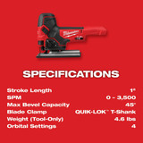 Milwaukee Tool Cordless Jig Saw,18VDC,Barrel Grip 2737B-20